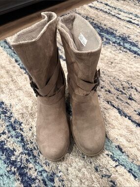 Women's Taupe Suede Mid-Calf Buckle Boots